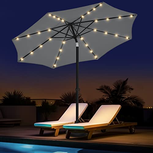 wikiwiki 9ft Outdoor Patio Table Umbrella, Sturdy Solar Led Market Umbrella for Deck, Pool, Garden w/Tilt, Crank, 32 LED Lights - Dark Grey