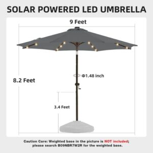 wikiwiki 9ft Outdoor Patio Table Umbrella, Sturdy Solar Led Market Umbrella for Deck, Pool, Garden w/Tilt, Crank, 32 LED Lights - Dark Grey