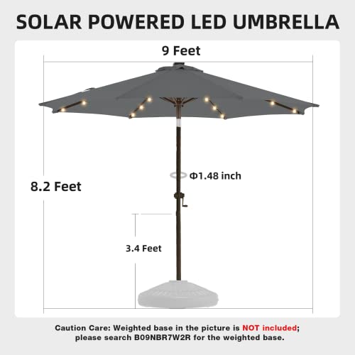 wikiwiki 9ft Outdoor Patio Table Umbrella, Sturdy Solar Led Market Umbrella for Deck, Pool, Garden w/Tilt, Crank, 32 LED Lights - Dark Grey