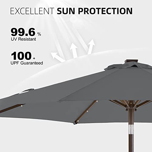 wikiwiki 9ft Outdoor Patio Table Umbrella, Sturdy Solar Led Market Umbrella for Deck, Pool, Garden w/Tilt, Crank, 32 LED Lights - Dark Grey