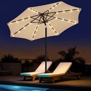 wikiwiki 9ft Outdoor Patio Table Umbrella, Sturdy Solar Led Market Umbrella for Deck, Pool, Garden w/Tilt, Crank, 32 LED Lights - Beige