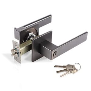 toocust square front door handle with lock, heavy duty door lock with key, grey door levers, front door lock for exterior/interior, left/right hand reversible, 1 pack
