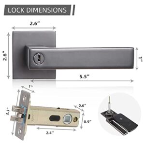 TooCust Square Front Door Handle with Lock, Heavy Duty Door Lock with Key, Grey Door Levers, Front Door Lock for Exterior/Interior, Left/Right Hand Reversible, 1 Pack