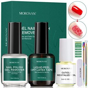 morovan gel polish remover kit - gel nail polish remover set with latex tape peel off liquid with cuticle pusher peeler cuticle oil nail file cleaner quick & easy no need for foil soaking or wrapping