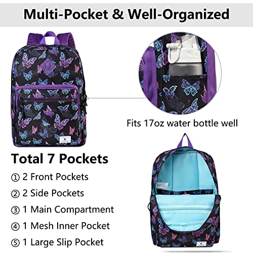 School Backpack,VONXURY Women Classic Lightweight Water Resistant Causal Daypack for Teens Boys Girls(Purple Butterfly）