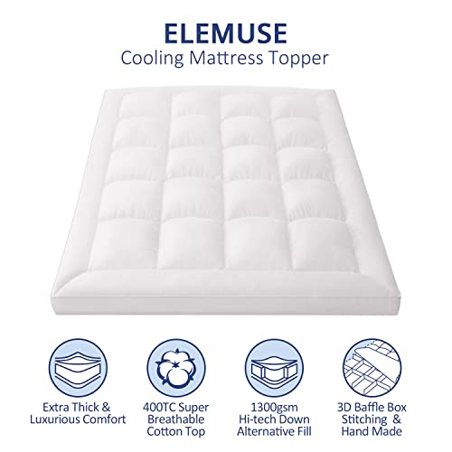 ELEMUSE Extra Thick Cooling King Mattress Topper, 1300 GSM Overfilled Pillow Top with Baffle Box Design, Hand Made 400TC Organic Cotton Pad Cover, Plush & Support Snow Down Alternative, Hotel Quality