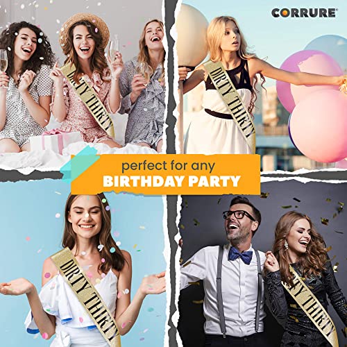 CORRURE 'Dirty Thirty' Birthday Sash with Glitter - Gold Glitter Birthday Sash with Black Foil - Dirty 30 Sash for Girls - Ideal Thirty Party Favors Supplies and Decorations for Your 30th Bday Party