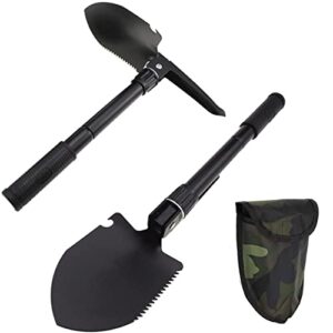 folding survival shovel - mini heavy duty carbon steel military style entrenching tool for off road, nylon carry case, camping, gardening, beach, digging dirt, sand, mud & snow