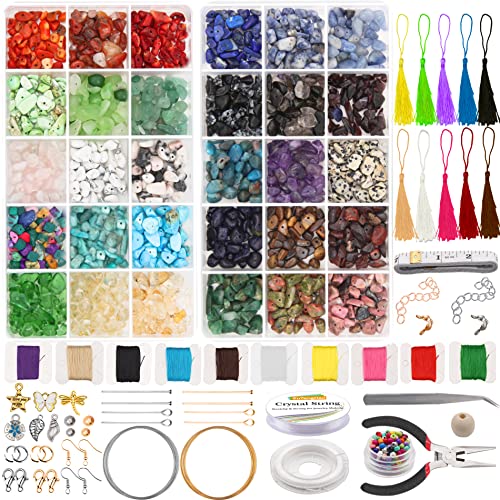 EuTengHao Natural Irregular Chips Stone Beads Gemstone Beads Kit with Tassels Wooden Beads Tiny Beads Jewelry Findings Charms Earring Hooks Beading Wire for Jewelry Making(30 Colors)