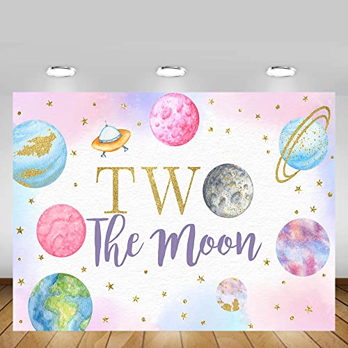 MEHOFOND 7x5ft Outer Space Two The Moon Backdrop Girl Happy 2nd Birthday Pink Gold Party Supplies Galaxy Planets Stars Theme Background Decor Photobooth Props Banner