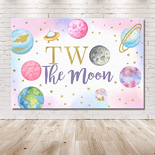 MEHOFOND 7x5ft Outer Space Two The Moon Backdrop Girl Happy 2nd Birthday Pink Gold Party Supplies Galaxy Planets Stars Theme Background Decor Photobooth Props Banner