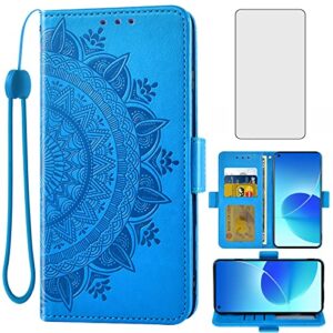 asuwish compatible with oppo reno 6 5g wallet case and tempered glass screen protector credit card holder flip purse accessories wrist strap stand folio cell phone cover for reno6 2021 women men blue