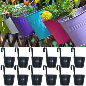 lovous 6.3" x 4.7" x 5.3" large iron hanging planters multicolor flower pots balcony garden railing planter, fence hanging metal bucket plants holders set for indoor and outdoor, 12pcs, black