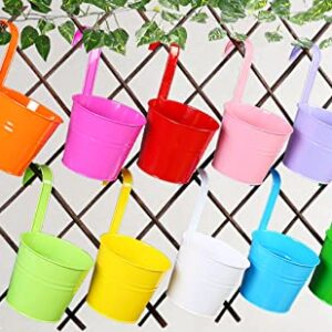 LOVOUS 6.3" x 4.7" x 5.3" Large Iron Hanging Planters Multicolor Flower Pots Balcony Garden Railing Planter, Fence Hanging Metal Bucket Plants Holders Set for Indoor and Outdoor, 12PCS, Black