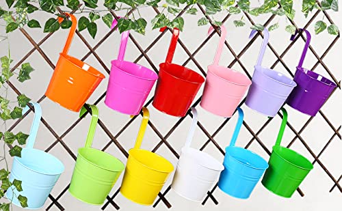 LOVOUS 6.3" x 4.7" x 5.3" Large Iron Hanging Planters Multicolor Flower Pots Balcony Garden Railing Planter, Fence Hanging Metal Bucket Plants Holders Set for Indoor and Outdoor, 12PCS, Black