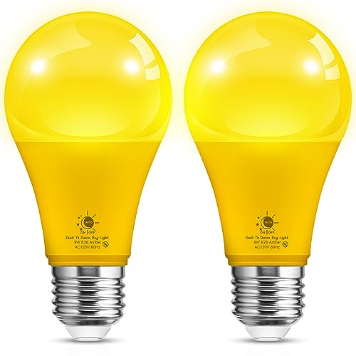 LOHAS Yellow LED Bug Light Bulbs Outdoor, A19 9W Auto On/Off Bug Lights for Outside, 2000K Amber Porch Light Bulb 60W Equi, Non-Attracting, E26 Base, Not-Dimmable, Ideal for Patio, Backyard, 2 Pack