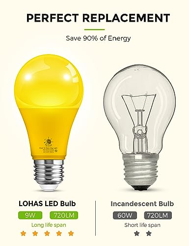 LOHAS Yellow LED Bug Light Bulbs Outdoor, A19 9W Auto On/Off Bug Lights for Outside, 2000K Amber Porch Light Bulb 60W Equi, Non-Attracting, E26 Base, Not-Dimmable, Ideal for Patio, Backyard, 2 Pack