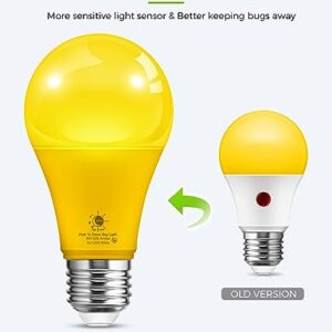 LOHAS Yellow LED Bug Light Bulbs Outdoor, A19 9W Auto On/Off Bug Lights for Outside, 2000K Amber Porch Light Bulb 60W Equi, Non-Attracting, E26 Base, Not-Dimmable, Ideal for Patio, Backyard, 2 Pack