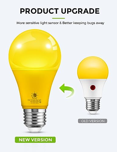 LOHAS Yellow LED Bug Light Bulbs Outdoor, A19 9W Auto On/Off Bug Lights for Outside, 2000K Amber Porch Light Bulb 60W Equi, Non-Attracting, E26 Base, Not-Dimmable, Ideal for Patio, Backyard, 2 Pack