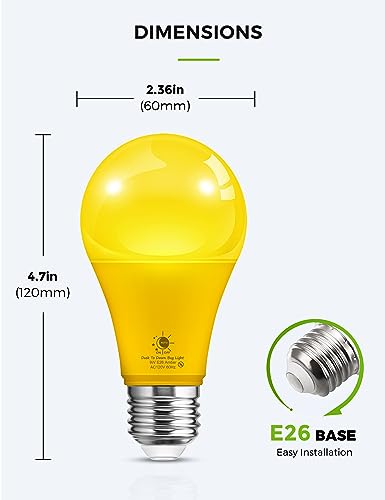 LOHAS Yellow LED Bug Light Bulbs Outdoor, A19 9W Auto On/Off Bug Lights for Outside, 2000K Amber Porch Light Bulb 60W Equi, Non-Attracting, E26 Base, Not-Dimmable, Ideal for Patio, Backyard, 2 Pack