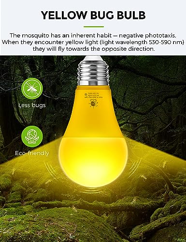 LOHAS Yellow LED Bug Light Bulbs Outdoor, A19 9W Auto On/Off Bug Lights for Outside, 2000K Amber Porch Light Bulb 60W Equi, Non-Attracting, E26 Base, Not-Dimmable, Ideal for Patio, Backyard, 2 Pack