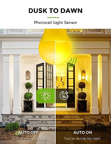 LOHAS Yellow LED Bug Light Bulbs Outdoor, A19 9W Auto On/Off Bug Lights for Outside, 2000K Amber Porch Light Bulb 60W Equi, Non-Attracting, E26 Base, Not-Dimmable, Ideal for Patio, Backyard, 2 Pack