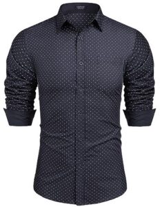 coofandy men's business dress shirt long sleeve regular fit shirt casual polka dot printed button down shirts navy blue