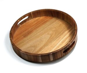14" wooden tray, natural acacia wood, lazy susan rotating mechanism base serving tray round, carved handles & rimmed edge rustic centerpiece display