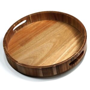 14" Wooden Tray, Natural Acacia Wood, Lazy Susan Rotating Mechanism Base Serving Tray Round, Carved Handles & Rimmed Edge Rustic Centerpiece Display