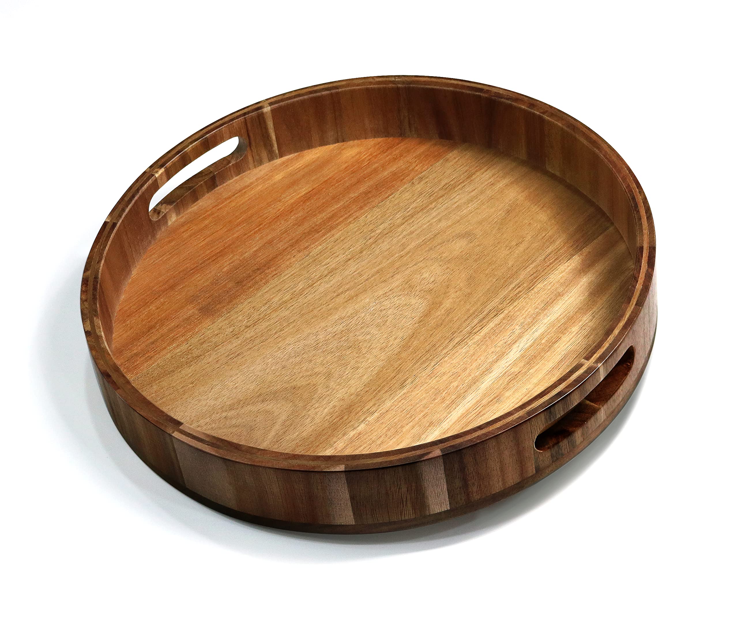 14" Wooden Tray, Natural Acacia Wood, Lazy Susan Rotating Mechanism Base Serving Tray Round, Carved Handles & Rimmed Edge Rustic Centerpiece Display