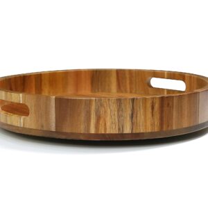 14" Wooden Tray, Natural Acacia Wood, Lazy Susan Rotating Mechanism Base Serving Tray Round, Carved Handles & Rimmed Edge Rustic Centerpiece Display