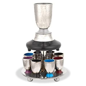 elegant display kiddush cup wine fountain set - hammered metal with enamel detailing - large goblet, 8 shot cups for shabbat, passover, seder, yom tov, wedding gifts by zion judaica (multi color)