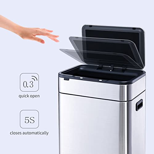 ELPHECO Stainless Steel Kitchen Trash Can 12 Gallon Brushed Stainless Steel Motion Sensor Trash Can Without Inner Bucket, Large Capacity Motion Kitchen Trash Can with Wooden Legs