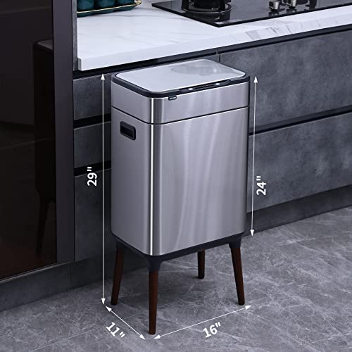 ELPHECO Stainless Steel Kitchen Trash Can 12 Gallon Brushed Stainless Steel Motion Sensor Trash Can Without Inner Bucket, Large Capacity Motion Kitchen Trash Can with Wooden Legs