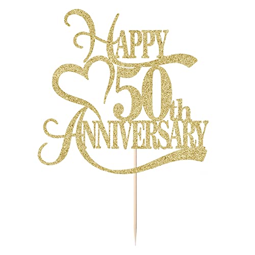 Gold Glitter 50th Anniversary Cake Topper - 50 Wedding Anniversary Party Decoration Ideas, 50th Anniversary Party / 50th Birthday Party Decorations