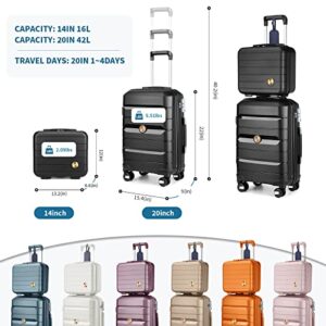 Somago 20IN Carry On Luggage and 14IN Mini Cosmetic Cases Travel Set Hardside Luggage with Spinner Wheels Lightweight Polypropylene Suitcase with TSA Lock (2-Piece Set (14/20), Classic Black)