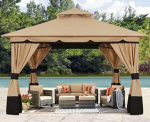 abccanopy 10'x12' outdoor gazebo, double roof patio gazebo with shade curtains, beige