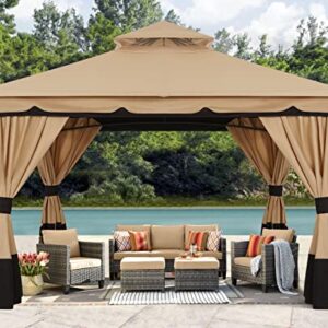 ABCCANOPY 10'x12' Outdoor Gazebo, Double Roof Patio Gazebo with Shade Curtains, Beige