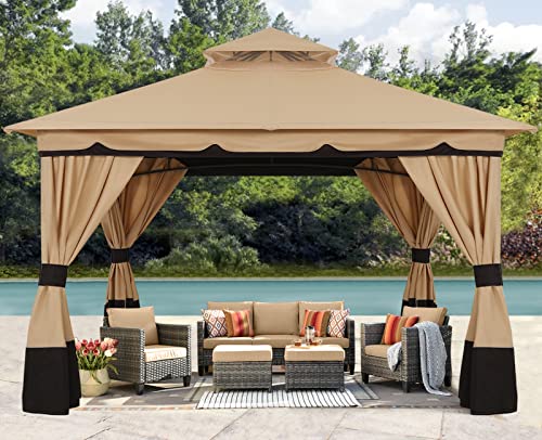 ABCCANOPY 10'x12' Outdoor Gazebo, Double Roof Patio Gazebo with Shade Curtains, Beige