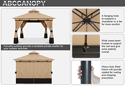 ABCCANOPY 10'x12' Outdoor Gazebo, Double Roof Patio Gazebo with Shade Curtains, Beige