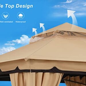 ABCCANOPY 10'x12' Outdoor Gazebo, Double Roof Patio Gazebo with Shade Curtains, Beige