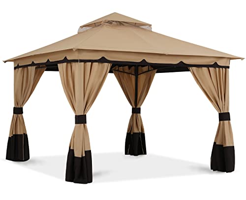 ABCCANOPY 10'x12' Outdoor Gazebo, Double Roof Patio Gazebo with Shade Curtains, Beige