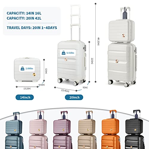 Somago 20IN Carry On Luggage and 14IN Mini Cosmetic Cases Travel Set Hardside Luggage with Spinner Wheels Lightweight Polypropylene Suitcase with TSA Lock (2-Piece Set (14/20), Creamy White)