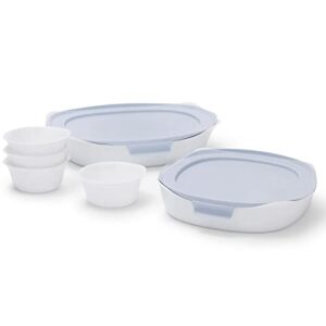 rubbermaid glass baking dishes for oven, casserole dish bakeware, duralite 8-piece set, white (with lids)
