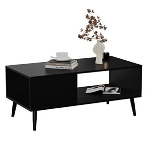 yusong modern wood coffee table for living room, retro mid-century center tables cocktail table with storage shelf for reception, black