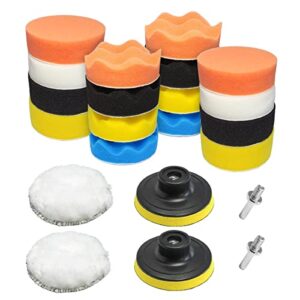 22 pcs drill polishing buffing pads kit, car foam drill, 3" buffing pads, automotive polisher for drilling, buffing, waxing, detailing kit for car(18 pads, 2 drill adapter, 2 suction cup)