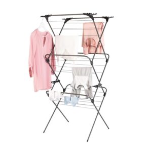minky premium suregrip 3 tier indoor and outdoor clothes drying rack, lightly textured non slip rungs, 69 ft. of hanging space, silver
