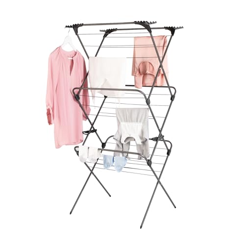 Minky Premium SureGrip 3 Tier Indoor and Outdoor Clothes Drying Rack, Lightly Textured Non Slip Rungs, 69 Ft. of Hanging Space, Silver