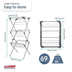 Minky Premium SureGrip 3 Tier Indoor and Outdoor Clothes Drying Rack, Lightly Textured Non Slip Rungs, 69 Ft. of Hanging Space, Silver