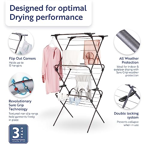 Minky Premium SureGrip 3 Tier Indoor and Outdoor Clothes Drying Rack, Lightly Textured Non Slip Rungs, 69 Ft. of Hanging Space, Silver